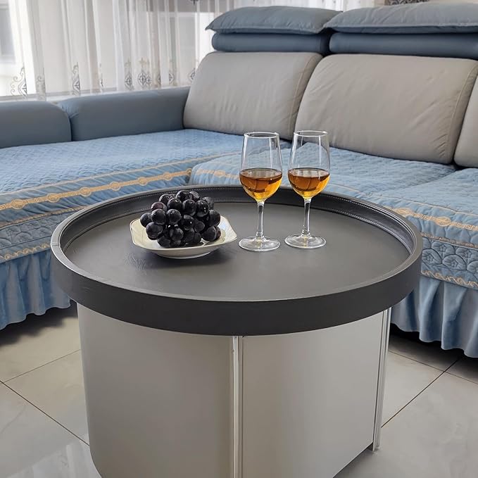 30 x 30 inches high-end Light Luxury Leather Round Oversized Service Tray, Ottoman Tray，Coffee Tray, Food Tray, Family Dinner, Out-of-House Picnic, Party Essential Tray (30 inch Grey)
