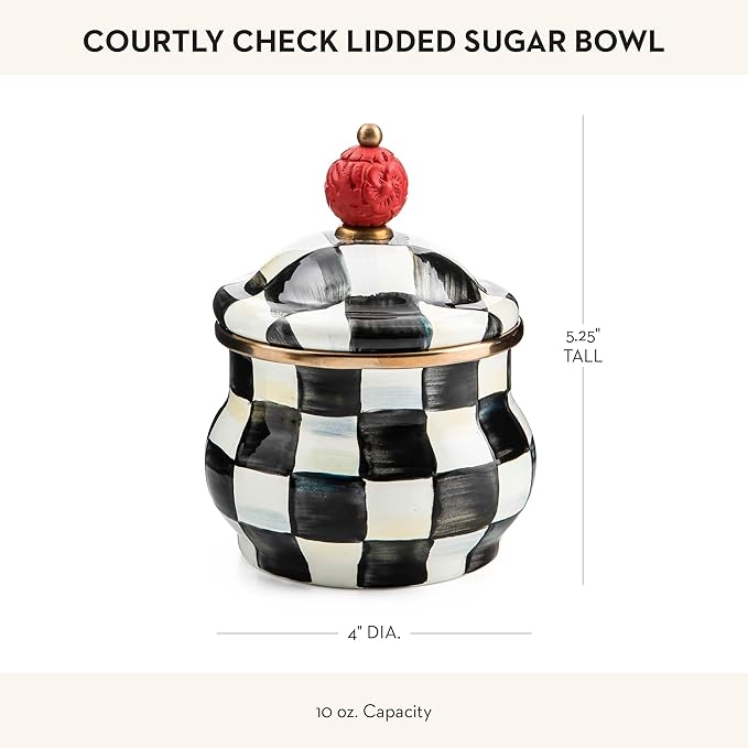 MACKENZIE-CHILDS Enamel Lidded Sugar Bowl, Small Serving Bowl with Lid, 10-Ounce Capacity, Black-and-White Courtly Check