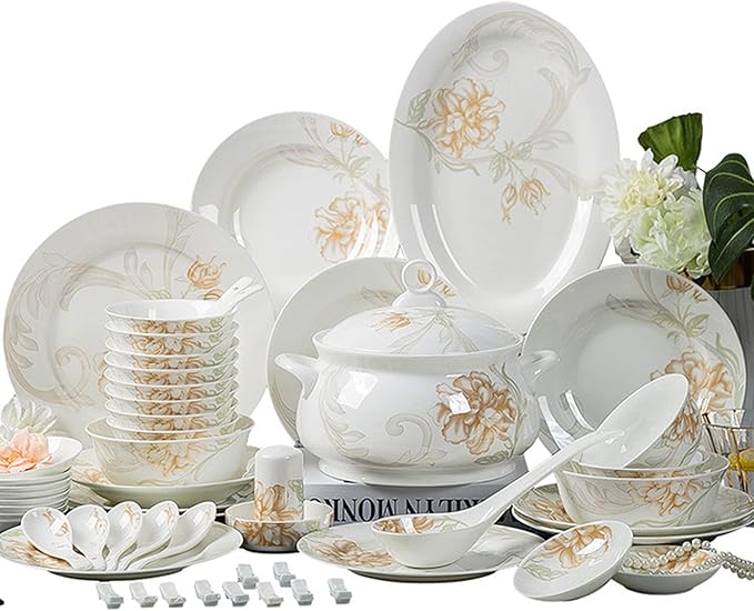 Gold Rim Ceramic Tableware Set Handmade Modern White China Ceramic Floral Tableware Set Suitable for Family Hotel Restaurant 58 Piece