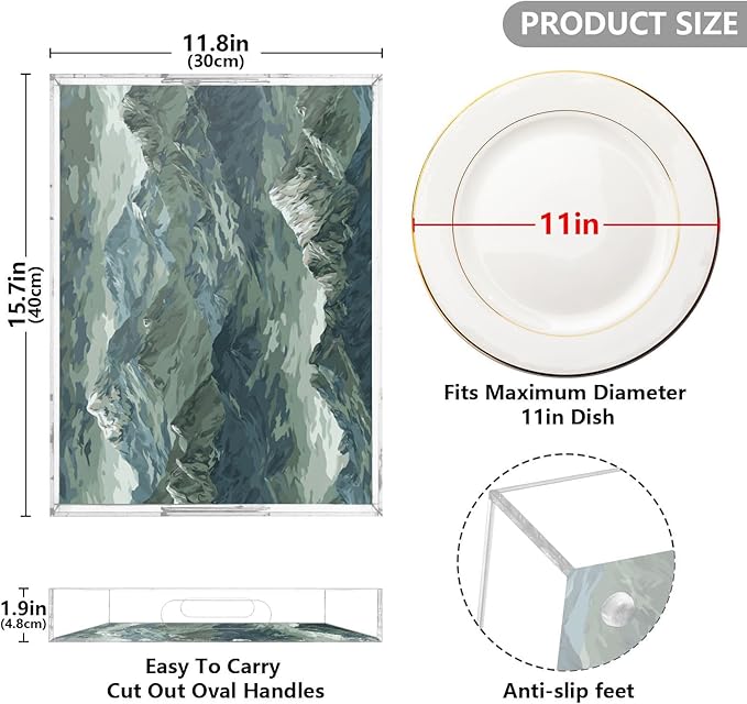 Serving Tray with Handles Clear Acrylic Tray 12x16 Inch Decorative Rectangular Tray Organizer for Ottoman Coffee Table Bathroom Green Camounflage Mountain