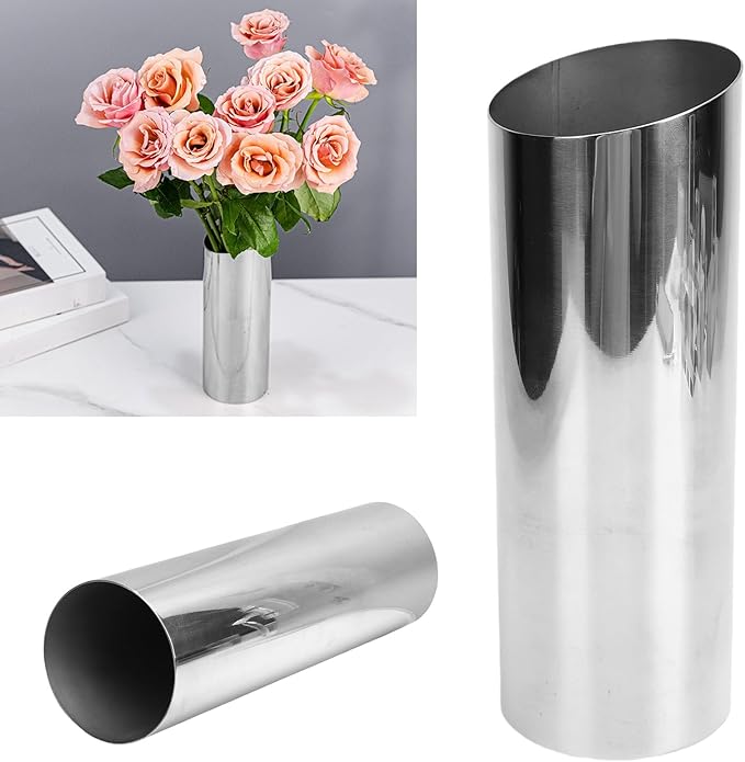 Small vases, mini Tulip vase Set, Silver Stainless Steel Slanted Rim Modern vases, Suitable for Tulips, Pampas Grass, Orchids, Roses
