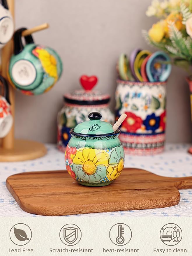 silesia Handmade Ceramic Honey Jar with Lid, 8 oz Floral Design Honey Pot with Dipper, Hand-Painted Honey Containers for Honey, Jam, or Syrup, Dishwasher Safe (Flowers Green)