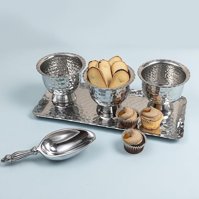IHI EST. 1986 Hammered Design - Scalloped Edge - Pedestal Base - 4.5 x 3.75 Inch Silver Tone Stainless Steel Condiment Bowl Set