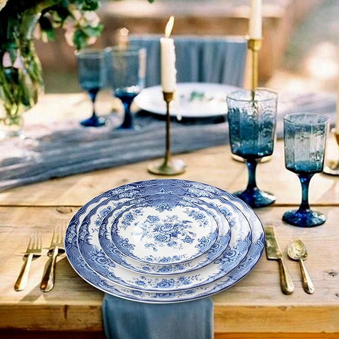 Bone China Dinnerware Set 20Pcs, Ceramic Dinner Plates Set of 4, Round Tableware, Service for 4, Dishwasher Safe, Blue and White Porcelain