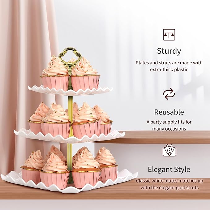 NWK 5 Piece Cake Stand Set with 2 x Large 3-Tier Cupcake Stands, 3 x Appetizer Trays, for Wedding Birthday Baby Shower Tea Party Decorations (Gold)