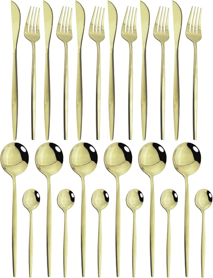 JASHII 24-Piece Flatware Set - Titanium Stainless Steel, Silverware Set for 6, Shiny Champagne Gold