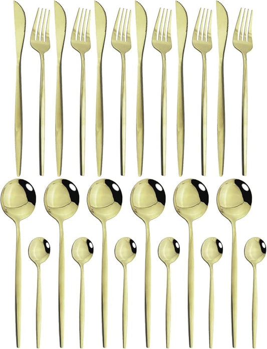 JASHII 24-Piece Flatware Set - Titanium Stainless Steel, Silverware Set for 6, Shiny Champagne Gold
