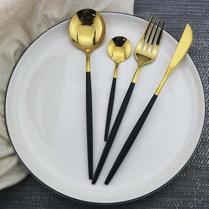 JASHII 24 Piece Titanium Black And Golden Plated Stainless Steel Flatware Set, Black Handle With Golden Mouth Silverware Set Black And Golden Cutlery Set Service for 6 (Handle Black,Shiny Golden)