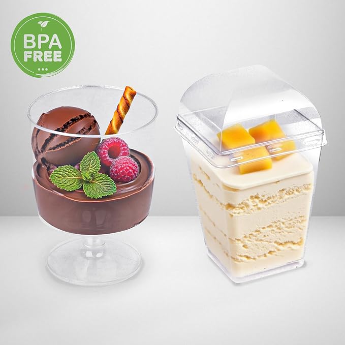 5 oz Dessert Cups with Lids and Spoons, 250 Pack Mini Transparent Appetizer Cups, Square Dessert Shooters Round Goblet Cups for Parfait Fruit Ice Cream Cake