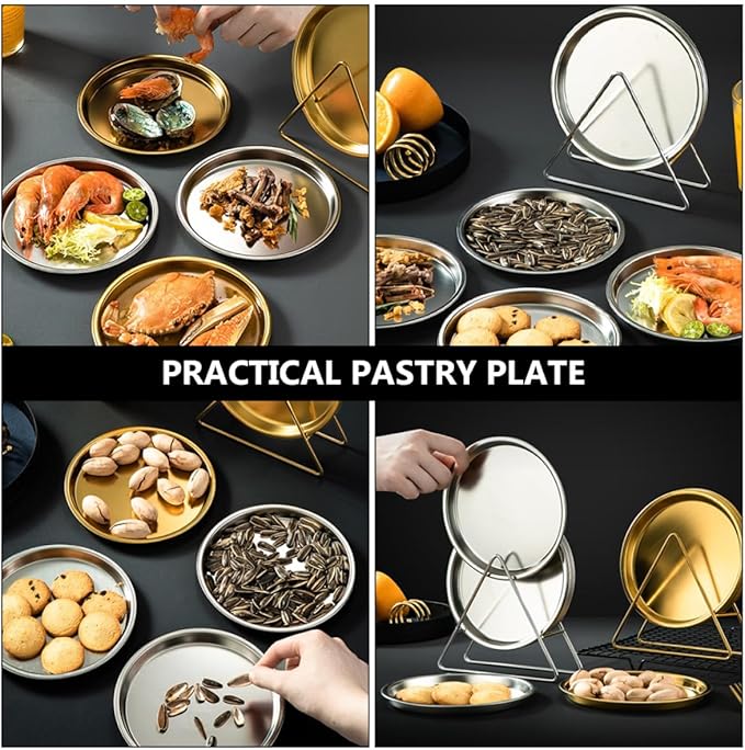 Stainless Steel Pastry Serving Tray and Snack Holder Set with Bracket, 6 Modern Silver Bbq Plates for Food Presentation and Dining, Includes 1 Storage Rack for Restaurant and Home
