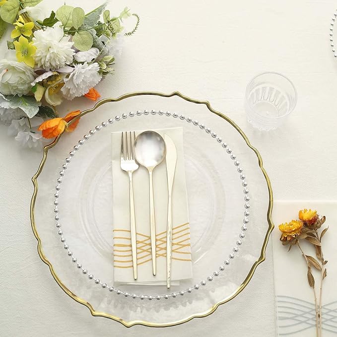 Efavormart 10 Pack | 10" Clear/Silver Beaded Rim Plastic Dinner Plates, Disposable Round Party Plates
