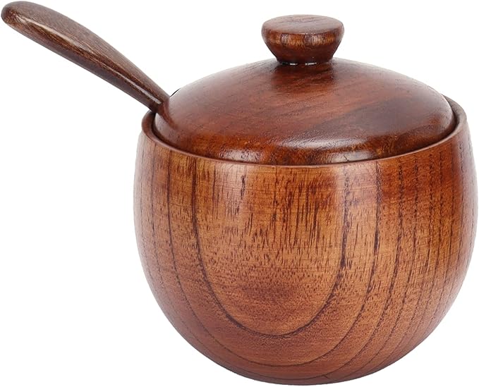 2 Set Condiment Jar, Retro Wooden Condiment Jar Spice Container with Lid and Spoon for Home Restaurant Kitchen, Sugar Bowl with Lid and Spoon, Canisters Pots Seasoning Box Salt Container