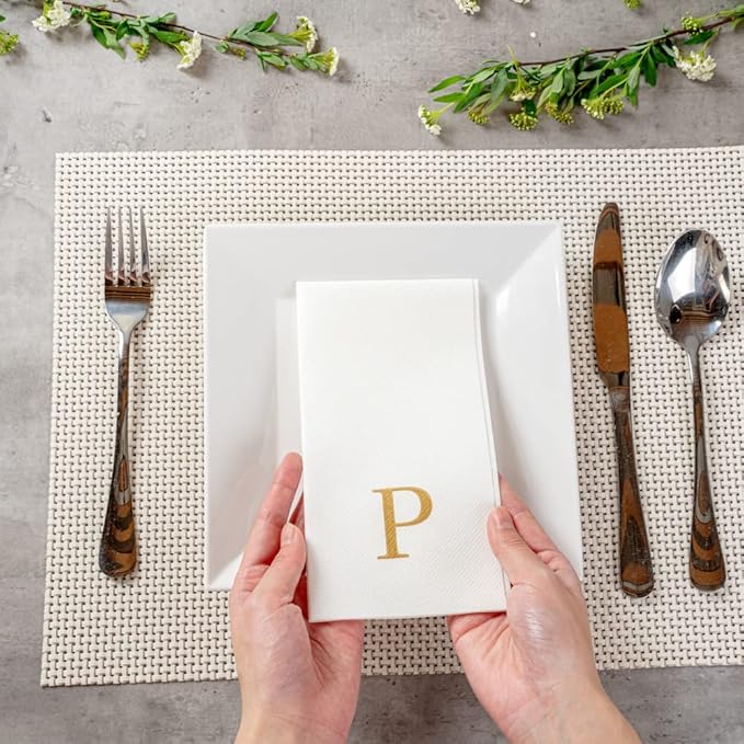 Luxenap 15.8 X 7.9 Inch Linen-Feel Guest Towels, 50 Lettered Hand Towels - Gold Letter 'P', Sans Serif Font, White Paper Dinner Napkins, airlaid, For Restrooms And Tables