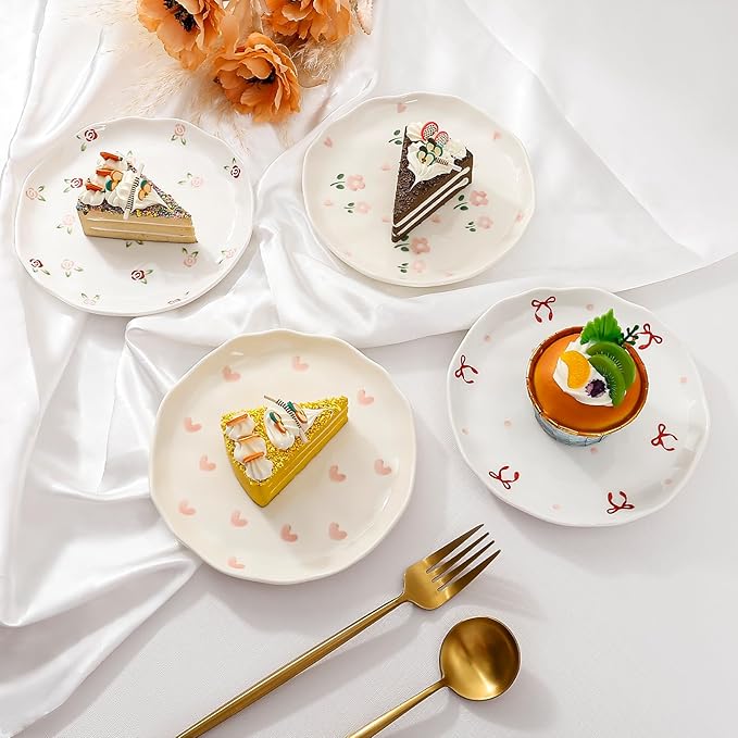 Koythin Ceramic Dessert Plates, Cute Fruits Dinner Plate, Printed Flowers Dinnerware for Office and Home, Kitchen Plates for Desserts (Red Rose Fragmented Flowers)
