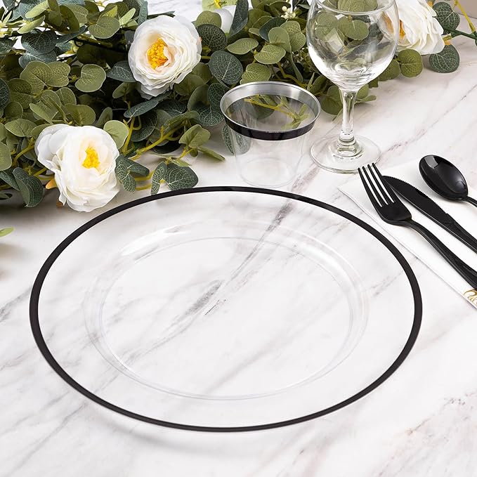 Goodluck 12 Inch Disposable Charger Plates Plastic, 100 Pack Plastic Clear Charger with Black Rim for Dinner, Wedding, Party