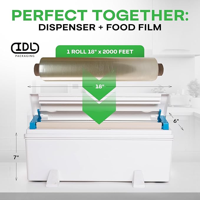 IDL Packaging WP-180D 18" WrapMaster Dispenser with 18" x 2000' Food Film Roll - New Press-Cutter with Sharp Serrated Blade - 10X Longer Service Life with Durable Plastic Body