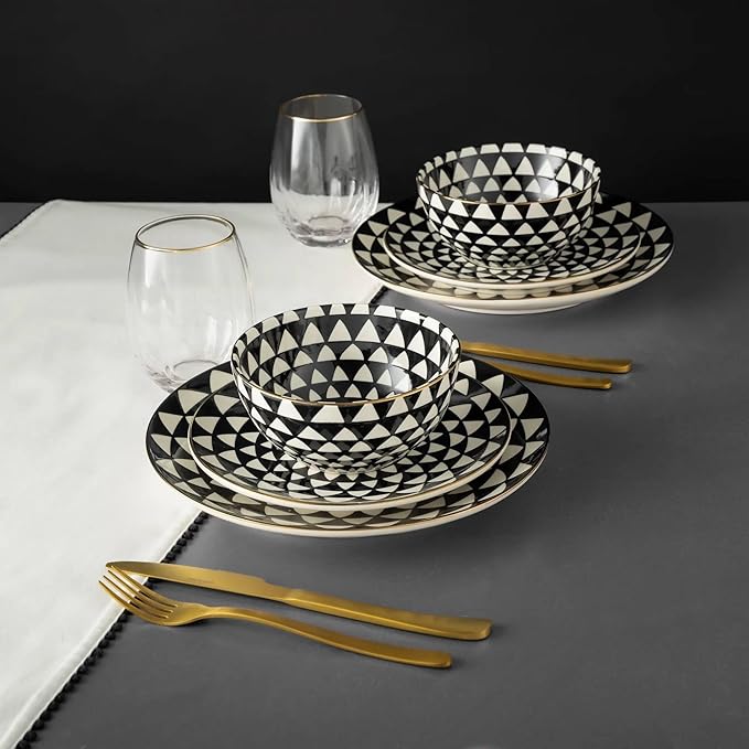 12-Piece Ceramic Dinnerware Set for 4, Plates and Bowls, Microwave and Dishwasher Safe (Black and White)