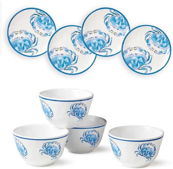Beach House Crab 8-Piece Melamine Canapé Plate & Dip Bowl Set – Coastal Serveware for Appetizers, Snacks, Dips & Desserts – Shatterproof, Chip-Resistant, Indoor/Outdoor Dining & Entertaining