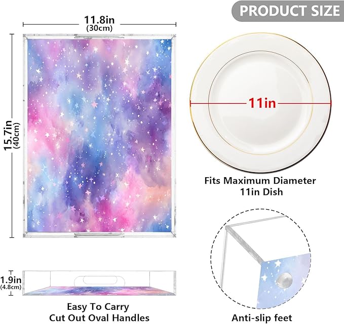 Serving Tray with Handles Clear Acrylic Tray 12x16 Inch Decorative Rectangular Tray Organizer for Ottoman Coffee Table Bathroom Tie Dye Dots and Stars