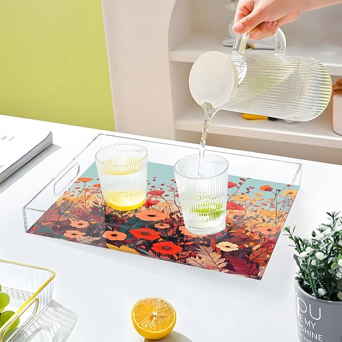 Serving Tray with Handles Clear Acrylic Tray 12x16 Inch Decorative Rectangular Tray Organizer for Ottoman Coffee Table Bathroom Autumn Poppy Flowers