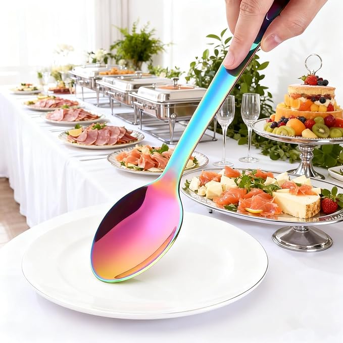 13-Inch Big Serving Spoons Set, TEHAHA Stainless Steel Long Handle Buffet Serving Spoons Set (6, Rainbow)