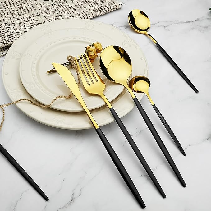24Pcs Gold Mirror Silverware Flatware With Black Handle, 18/0 Stainless Steel Cutlery Set Utensils Kitchen Dinnerware Include Knife Fork Spoon and Teaspoon, Service for 4