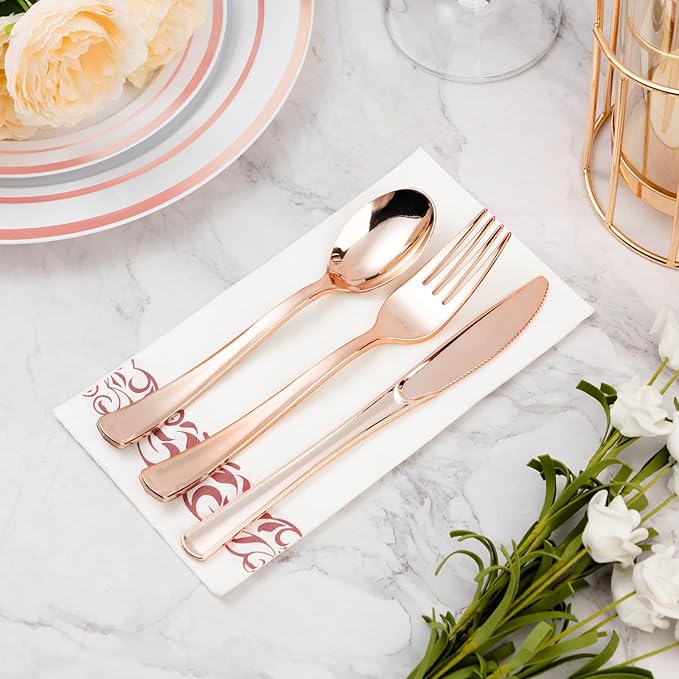 BESTVIP 200 Pack Disposable Paper Napkins,3-Ply Dinner Napkins with Rose Gold Trim for Guests,Bathroom Paper Hand Towels Soft and Absorbent,Perfect for Christmas,Kitchen,Dinner,Party,Wedding or Event