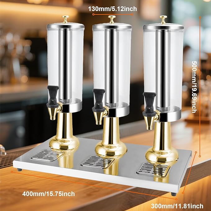 1 Gallon Commercial Beverage Dispenser with Centre Ice Core and Stand Drip Trays Stainless Steel Cold Drink Dispenser for Parties Pub Cafeteria Restaurant Home Hotel (gold, three head)