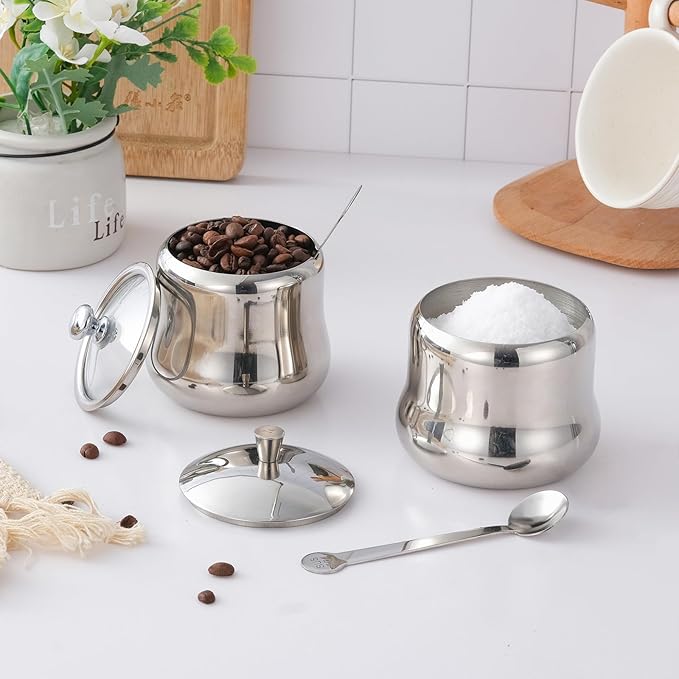 2 pack 13oz Stainless Steel Sugar Bowl Decorative Silver Ghee Container with Spoon and Metal Lid Small Spice Jars for Seasonings Condiment Pot for Kitchen Coffee Table