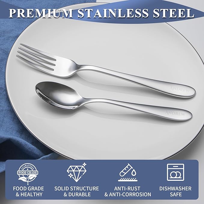 Personalized Dessert Forks and Spoons Silverware Set, 12 Piece Custom Text Engraved Stainless Steel Flatware Cutlery Sets, Mirror Polished Salad Fork and Teaspoon Set