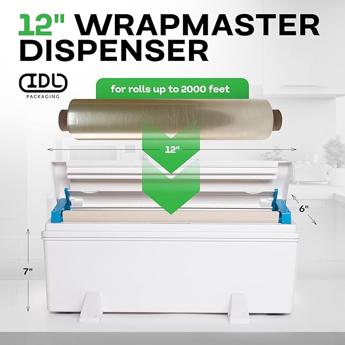 IDL Packaging WP-179D 12" WrapMaster Dispenser for Food Film Rolls, White – Professional Dispenser with Cutter for Home or Commercial Kitchen – Hidden Blade, Smooth and Safe Cutting
