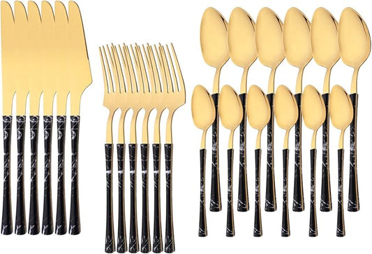 24PCS Silverware Set 18/0 Stainless Steel Flatware Set for 6 Includes 6 Dinner Knife/6 Dinner Fork/6 Dinner Spoon/6 Teaspoon Mirror Polished Cutlery for Home - Black Gold Eating Utensils