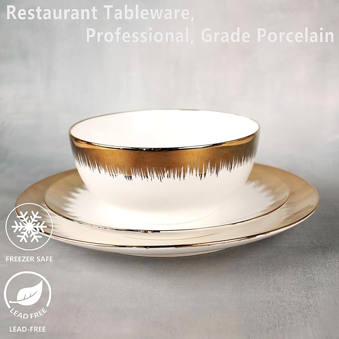 Dinnerware Sets(12Pcs) Serves for 4, Modern Dinnerware, Gilded Edge Plates and Bowls Set with 8.3"Small Plate 10.2"dinner Plate 6.1"Soup bowl, apply Indoor Outdoor (Gilded set)