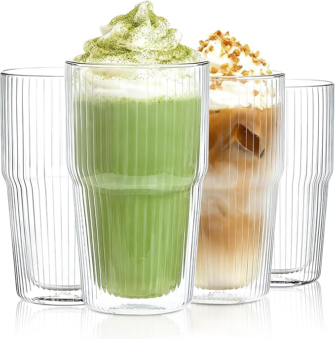 KEMORELA Set of 4 Ribbed Double-Walled Glass Cups, 16 oz / 480 ml Insulated Tumblers for Iced Coffee, Latte, Matcha, Smoothies & Bubble Tea – Clear Vertical Stripe Glassware, Dishwasher Safe