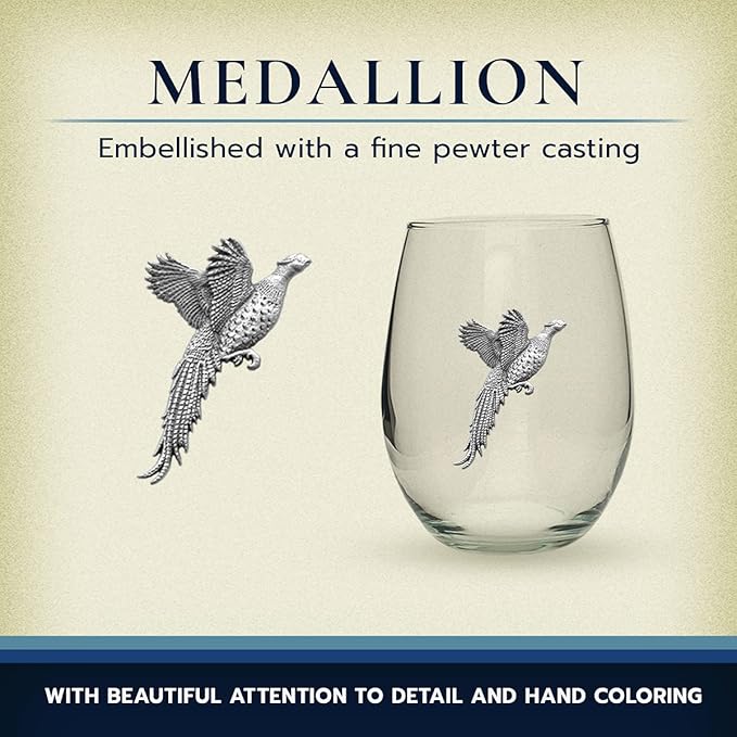 Heritage Pewter Pheasant Stemless Glass Goblets – Set of 2 | 15 OZ Goblet Wine Glasses | Expertly Crafted Pewter Glass