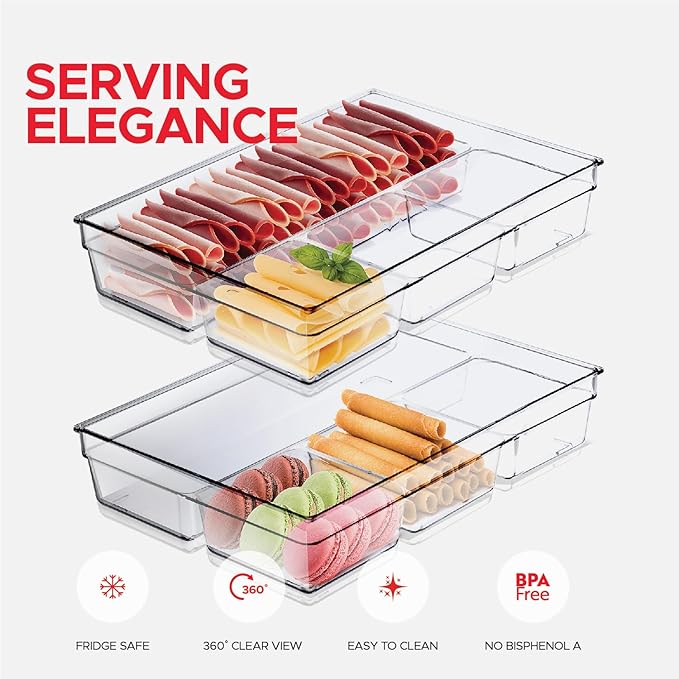 2 Pack 4-Section Serving Platter & Clear Acrylic Party Tray - BPA Free Food, Cookie & Charcuterie Tray for Cheese, Fruit & Snacks - Elegant, Durable Design for Every Occasion
