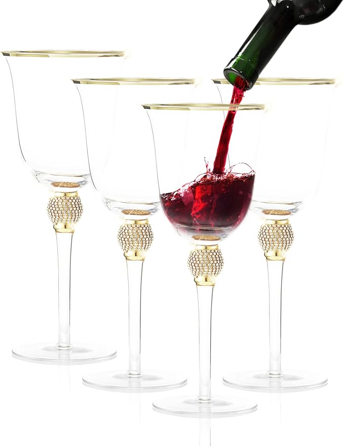 Premium Wine Glasses Set of 4 - Crystal Long Stem Wine Glass with Gold Rim & Rhinestone Design - 18 oz