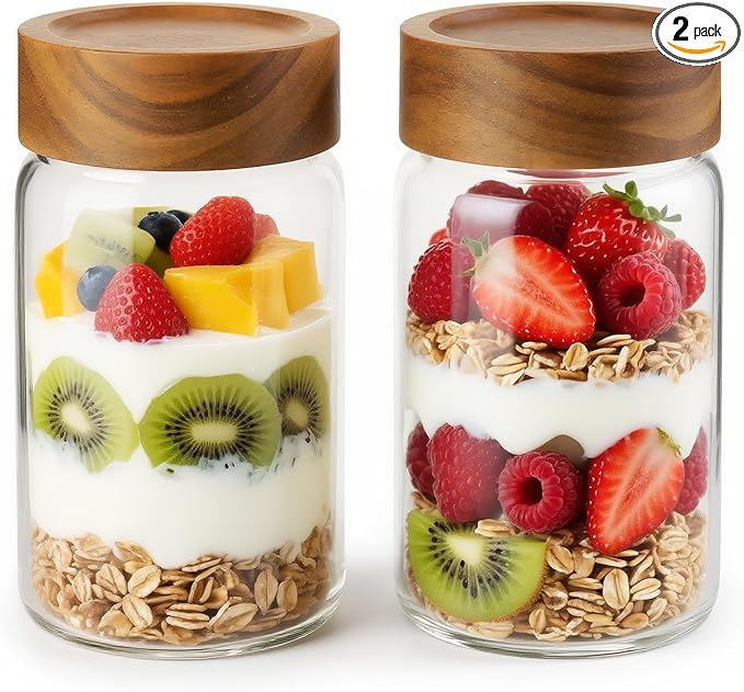 2-Piece 10 fl oz Food-Grade Glass Mason Jars with Sturdy Acacia Wood Lids, Sealable Waterproof, Transparent Easily Stackable for Spices, Seasonings & Snack Organizin