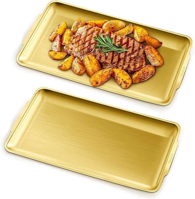 2Pcs Stainless Steel Serving Tray, 15.7 x 9.4In Rectangle Gold Serving Platter with Handle, Decorative Coffee Table Plate, Ottoman Dish for Party Eating Kitchen Food Dessert BBQ (2Pcs)