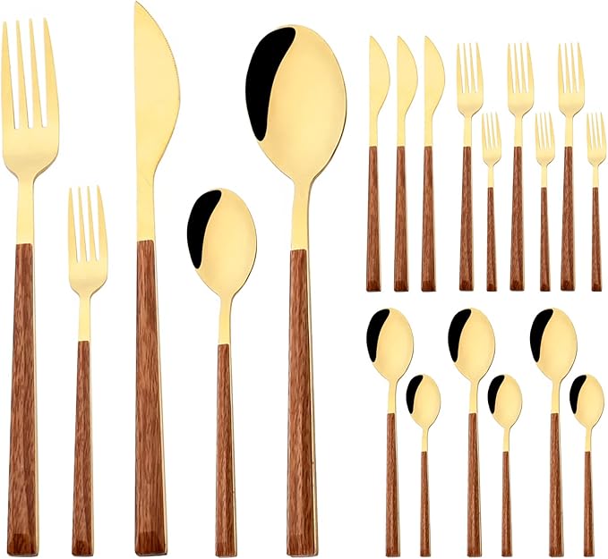 Korean Style Wood Flatware Stainless Steel Fork/Spoon/Knife/Teaspoon with Wooden Square Handle Cutlery Set of 4 Dinnerware for Home, Kitchen, Restaurant, Gift - Gold