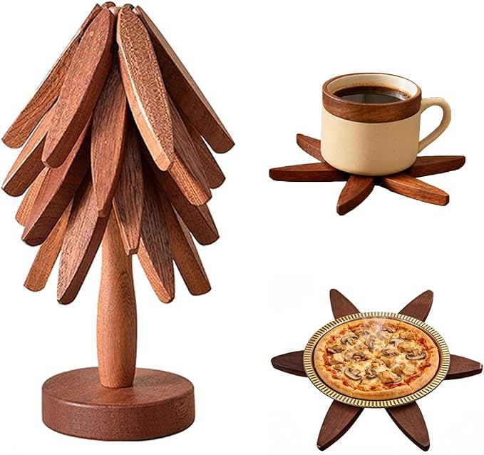 Wooden Tree Trivets for Hot Dishes: 4 Trivets and 1 Stand Christmas Tree Coasters for Pot Bowl Cup Teapot Pans Hot Pot Holder