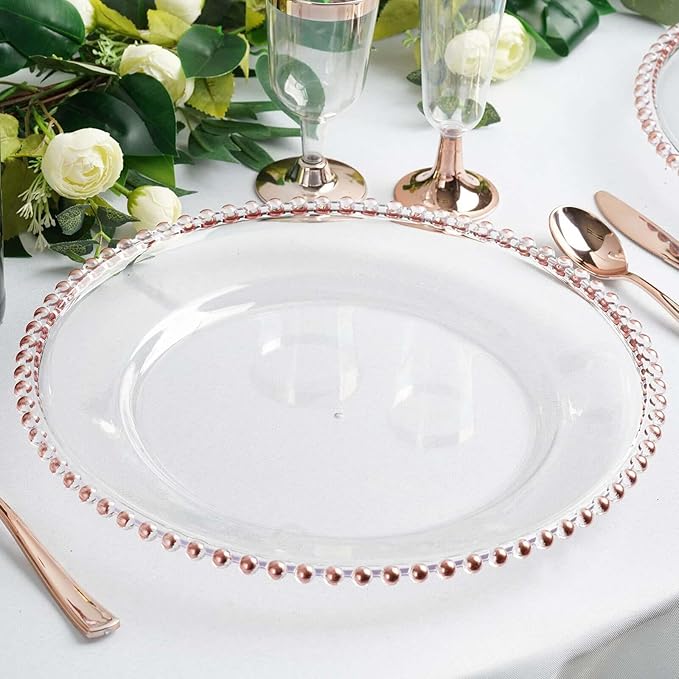 Efavormart 6 Pack 12" Rose Gold Acrylic Round Charger Plates With Beaded Rim Dinner Charger Plates