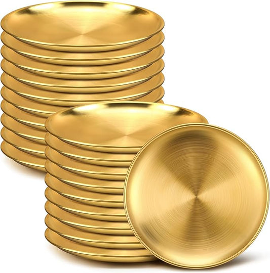 Nuogo 20 Pieces Stainless Steel Gold Plates 6.5 Inch Gold Dinner Plates Metal Serving Tray Dessert Dishes for BBQ, Salad, Snack, Desserts, Food Serving, Outdoor Camping