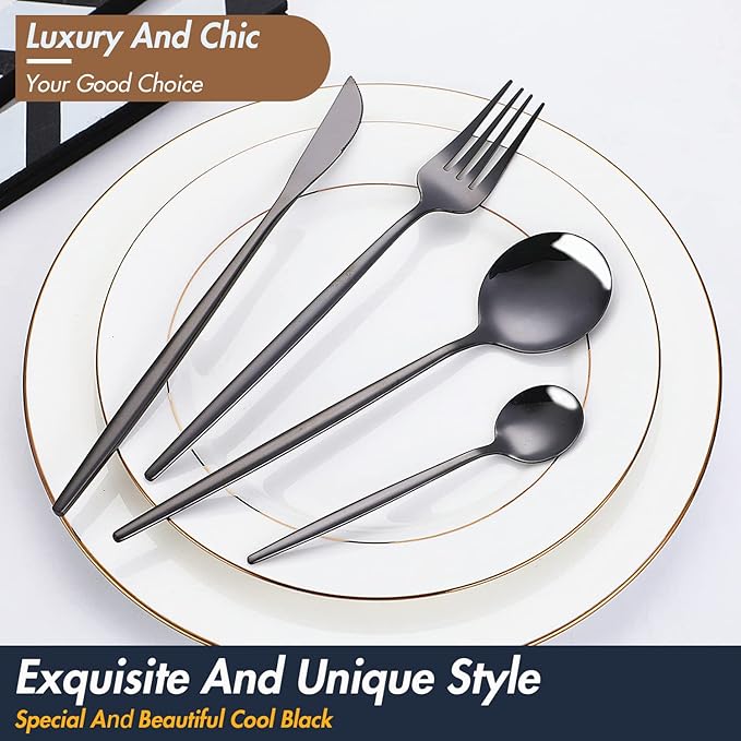 24-Piece Black Silverware Set Black Flatware Set for 6, Stainless Steel Cubiertos Cutlery Set, Forks and Spoons Apartment Utensils Set, Mirror Polished Eating Tableware Set, Dishwasher Safe