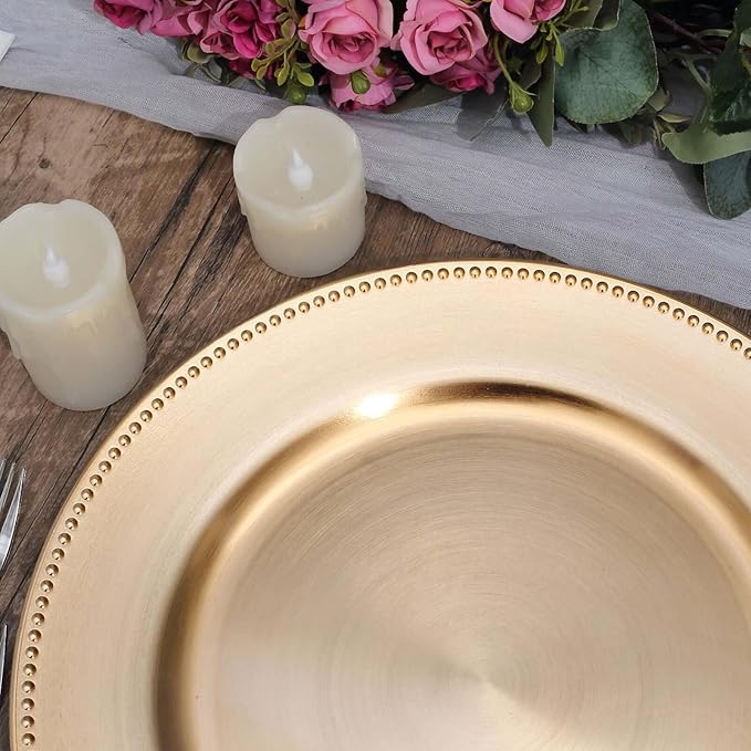13" Charger Plates -Set of 12 - Acrylic Gold Round Beaded Disposable Chargers, Ideal for Dinner Party Wedding Bulk Events Tabletop Decoration