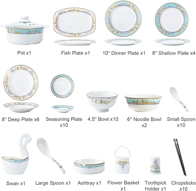 Plate and Bowl Set60 PCS Fine Bone China Dinnerware Set for 10, Jingdezhen White Porcelain Dinnerware Sets, Luxury Style Tableware - Pot, Plates and Bowls Sets, Handc,
