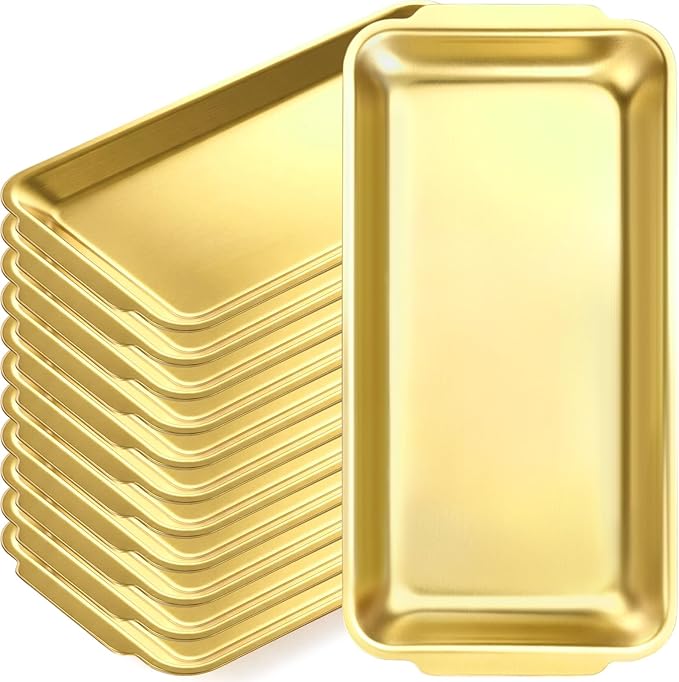 Gold 12 Pcs Small Stainless Steel Serving Tray Bulk 8.66'' x 4.33'' Rectangle Stainless Steel Food Serving Platter with Handle Vanity Tray Decorative Party Plate for BBQ Buffet Appetizer