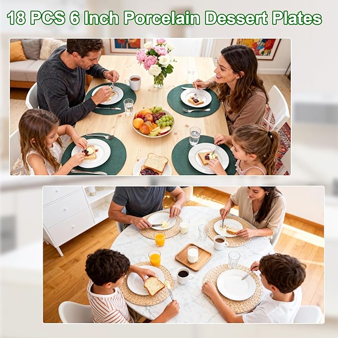 18 Pcs Porcelain Dessert Plates,6 Inch White Round Small Dinner Plate Set,Ceramic Serving Appetizer Plates for Cake Salad Dishes Bread Pasta,Dishwasher Safe and Microwave Safe