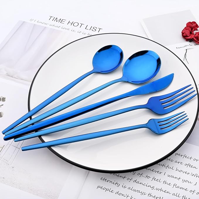 30Pcs Blue Simplicity Mirror Finished Cutlery Set, 18/0 Stainless Steel Daily Use Silverware Kitchen Home Restaurant Party Dessert Flatware Set Include Knife/Fork/Spoon, Service For 6