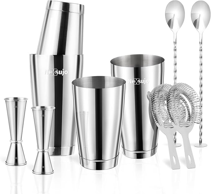 Boston Cocktail Shaker Set, 8-Piece Bar Tools Set, Professional Bar Set with Boston Shaker, Bar Spoon, Jigger, Hawthorne Strainer, Stainless Steel, Dishwasher Safe, Ideal Bartender Kit for Bar
